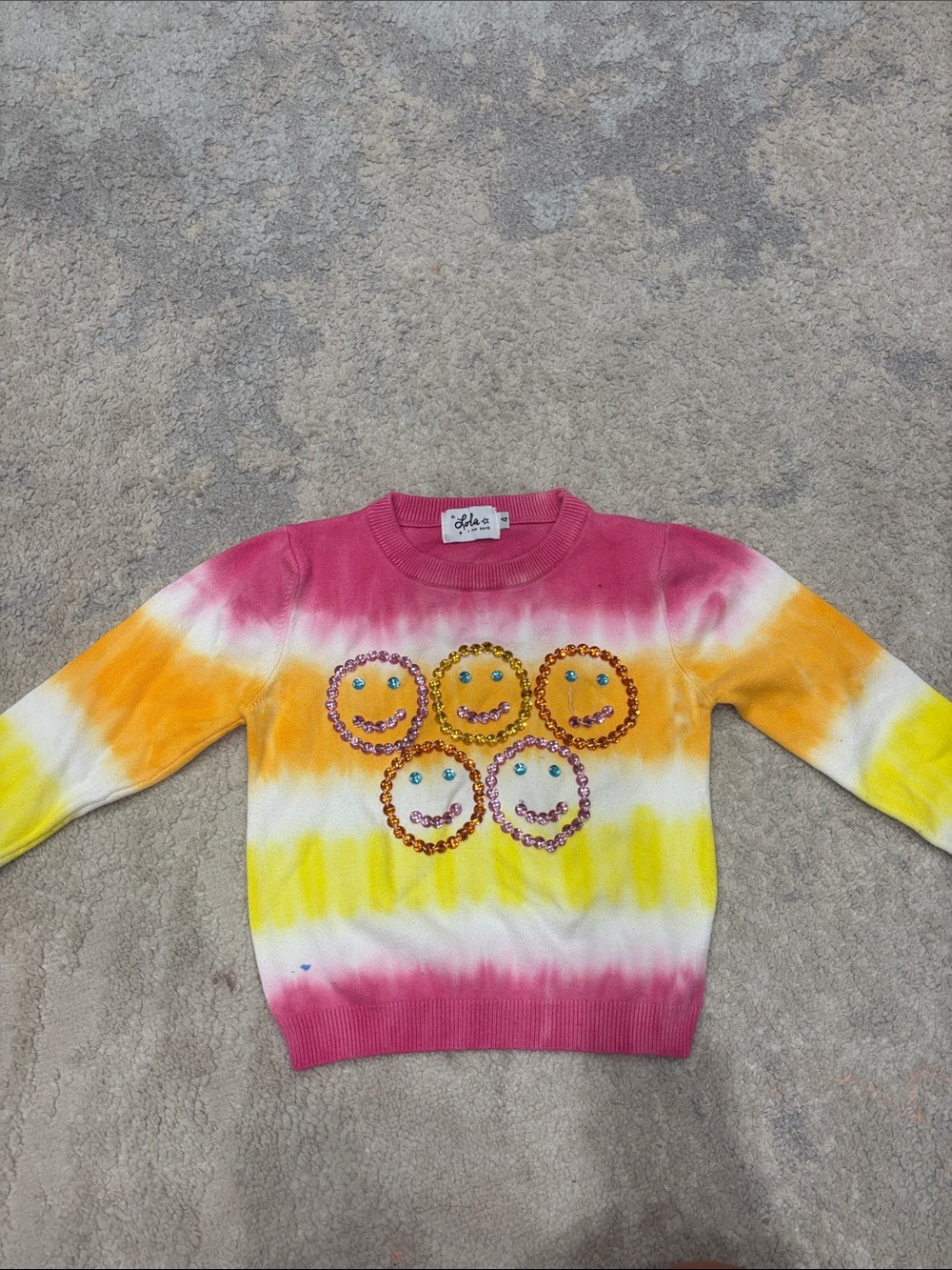 Lola + The Boys Pink Orange Yellow Tie-Dye Sequin Smiley Sweater